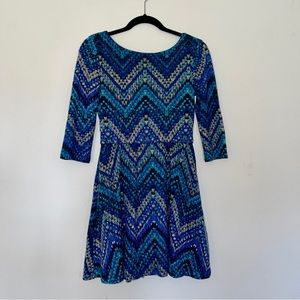 blue geometric pattern skater dress